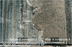 Поверхность бетона после зачистки (на фото слева - до, справа - после зачистки)
