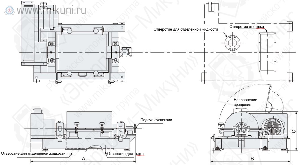 Схема внешнего вида декантерных центрифуг IHI моделей HS-204L, HS-205L, HS-255L