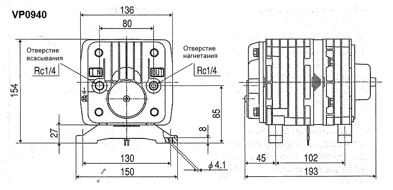 Габариты модели вакуумного поршневого насоса Nitto Kohki (MEDO) VP0940